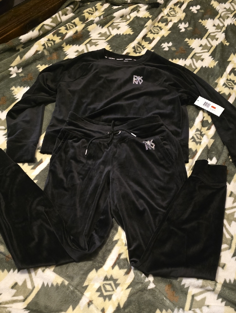 DKNY Black Velour Two-Piece Lounge Set with Rhinestone Logo